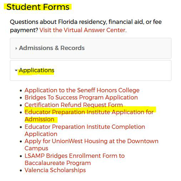 screenshot of admission application