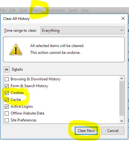 Choose "Clear all History", and make sure "Cookies" and "Cache" are checked, then click "Clear Now."